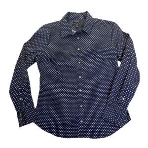 J Crew Shirt Women’s Sz 8 Navy Blue Polka Dot Button Up Collared Slim Stretch